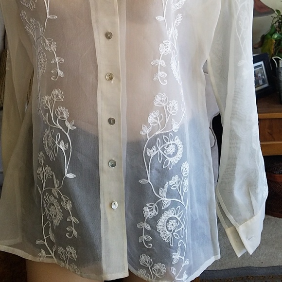 LAURA ASHLEY SHEER EMBROIDERED SILK SHIRT - Picture 2 of 8
